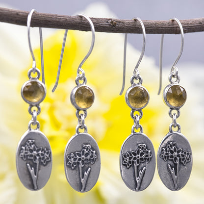 Daffodil Earrings with Citrine Gemstones