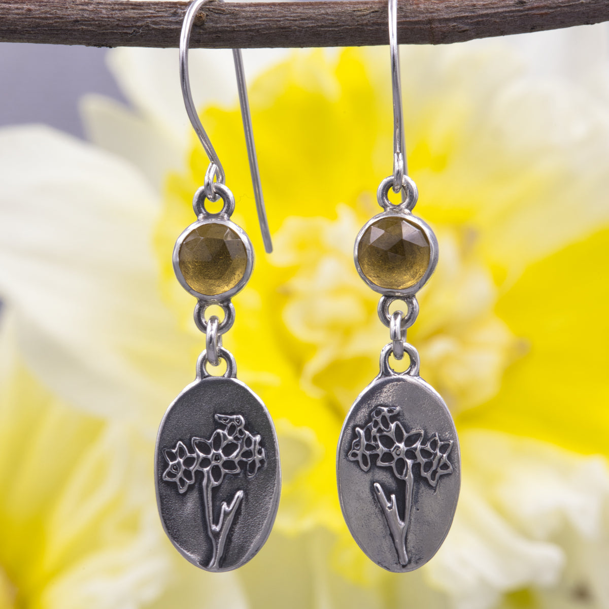 Daffodil Earrings with Citrine Gemstones