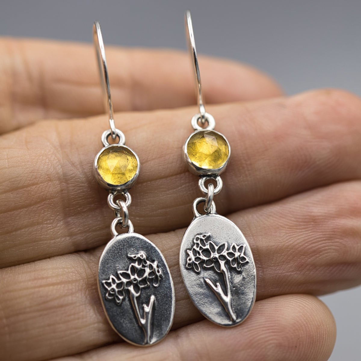 Daffodil Earrings with Citrine Gemstones